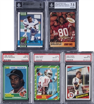 1984-1993 Topps and Score NFL Hall of Famers Graded Quintet (5 Different) – Featuring 1984 Topps John Elway, 1986 Topps Jerry Rice and 1993 Stadium Club/"Members Only" Jerry Rice Signed Card